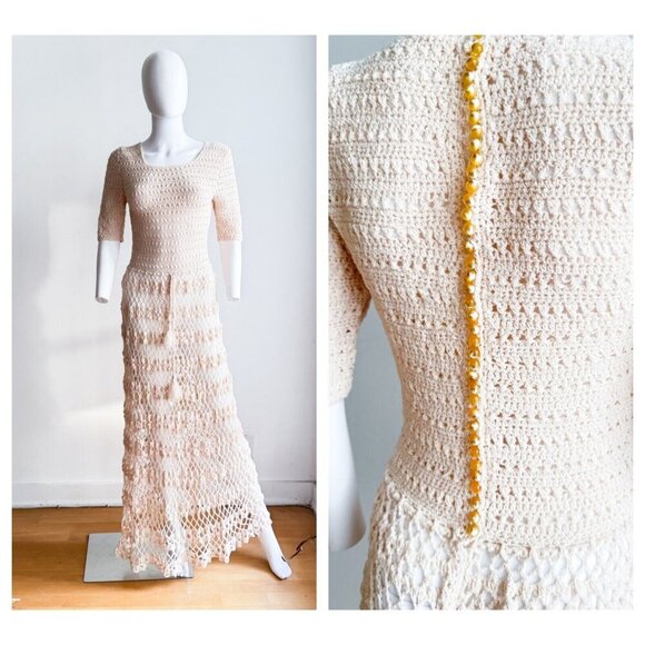 Vintage Crochet open Knit Ivory Cream Maxi Dress w Back Button Closure S - Picture 1 of 12